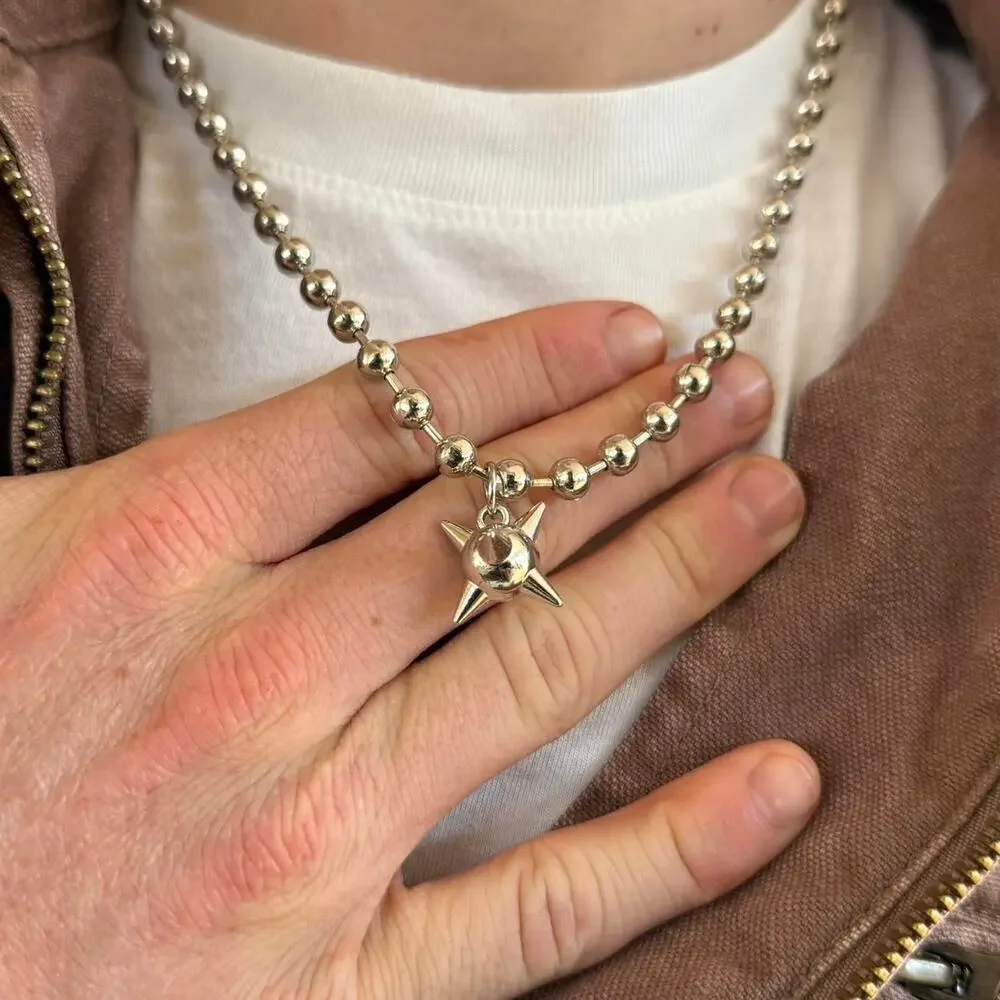 y2k 2000s silver bead pendant barbed ball pendant chain necklace